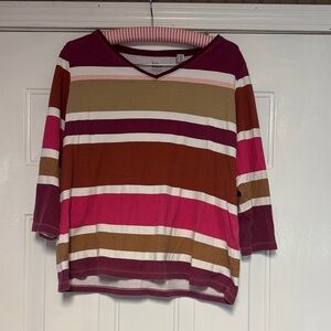 Kim Rogers Crewneck Top with Magenta Trim and Pink Stripes